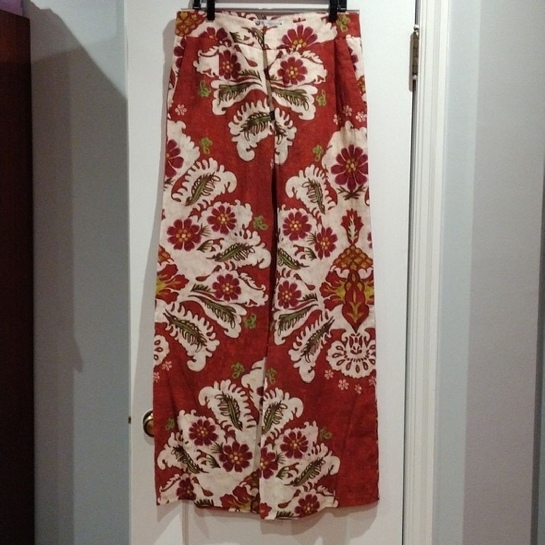 Zara Linen Blend Resort Set Printed Wide Leg Pants & Tunic Dress M/L Boho