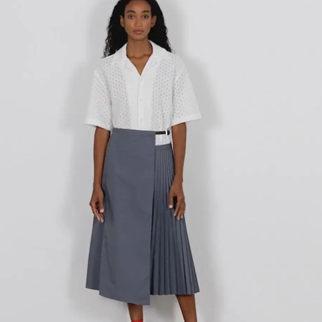 Tibi Gray Pleated Cotton Leather Wrap Skirt