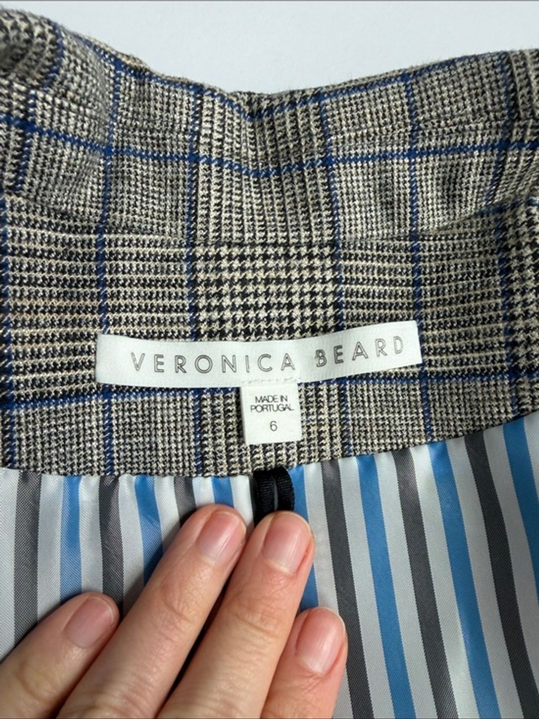 Veronica Beard Double-Breasted Plaid Blazer in Gray and Blue