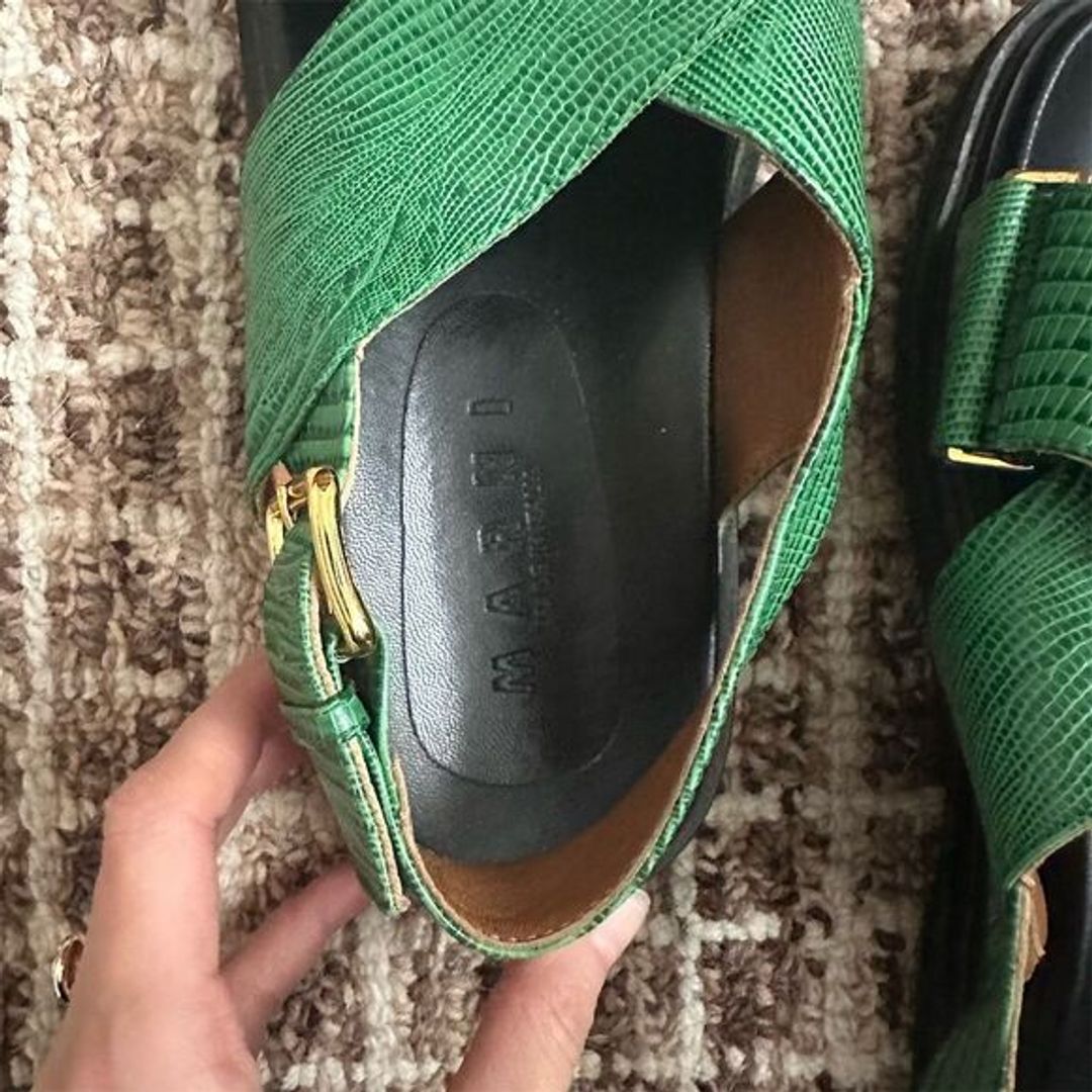 Marni Fussbett Slingback Sandals Women's Green Leather Flat Buckle Casual