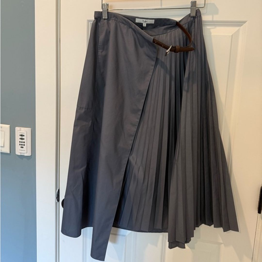 Tibi Gray Pleated Cotton Leather Wrap Skirt