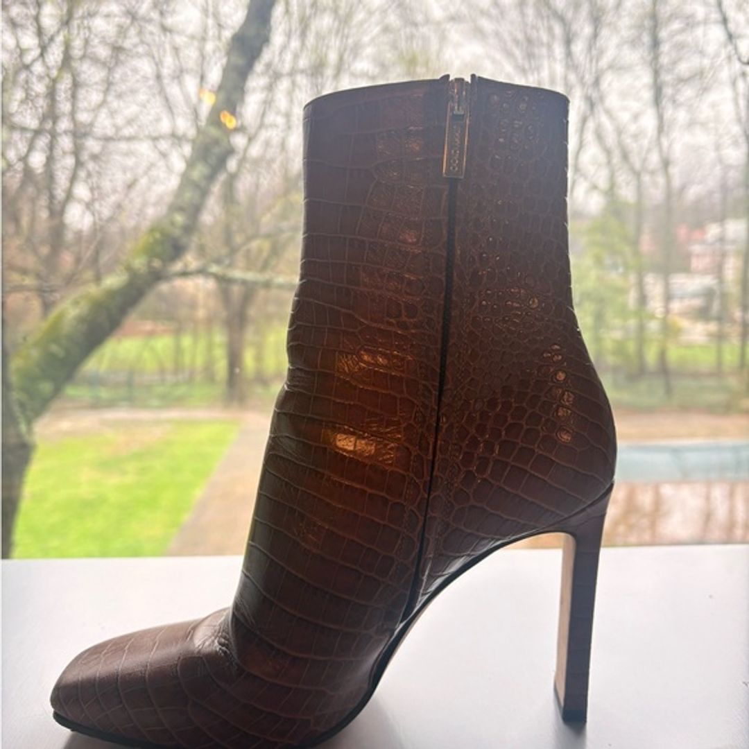 Jimmy Choo Camel Croc-Embossed High Heel Ankle Boots 12 US