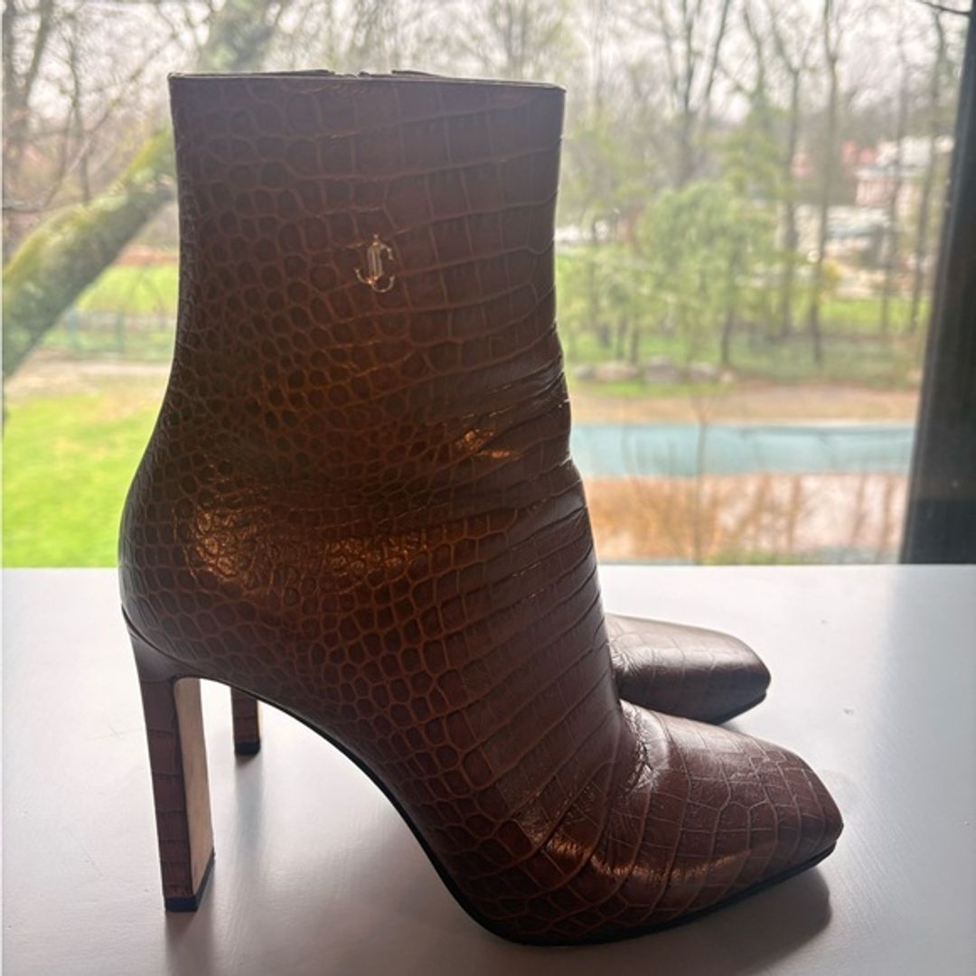 Jimmy Choo Camel Croc-Embossed High Heel Ankle Boots 12 US