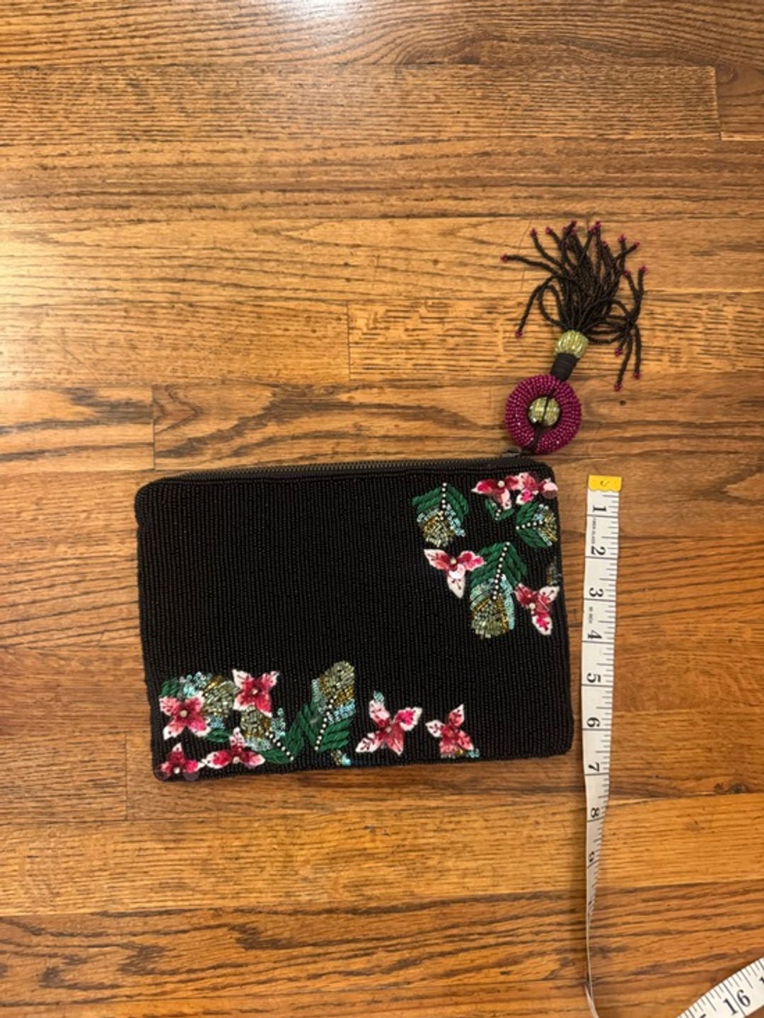 Anthropologie Embroidered Floral Beaded Zip Pouch Clutch
