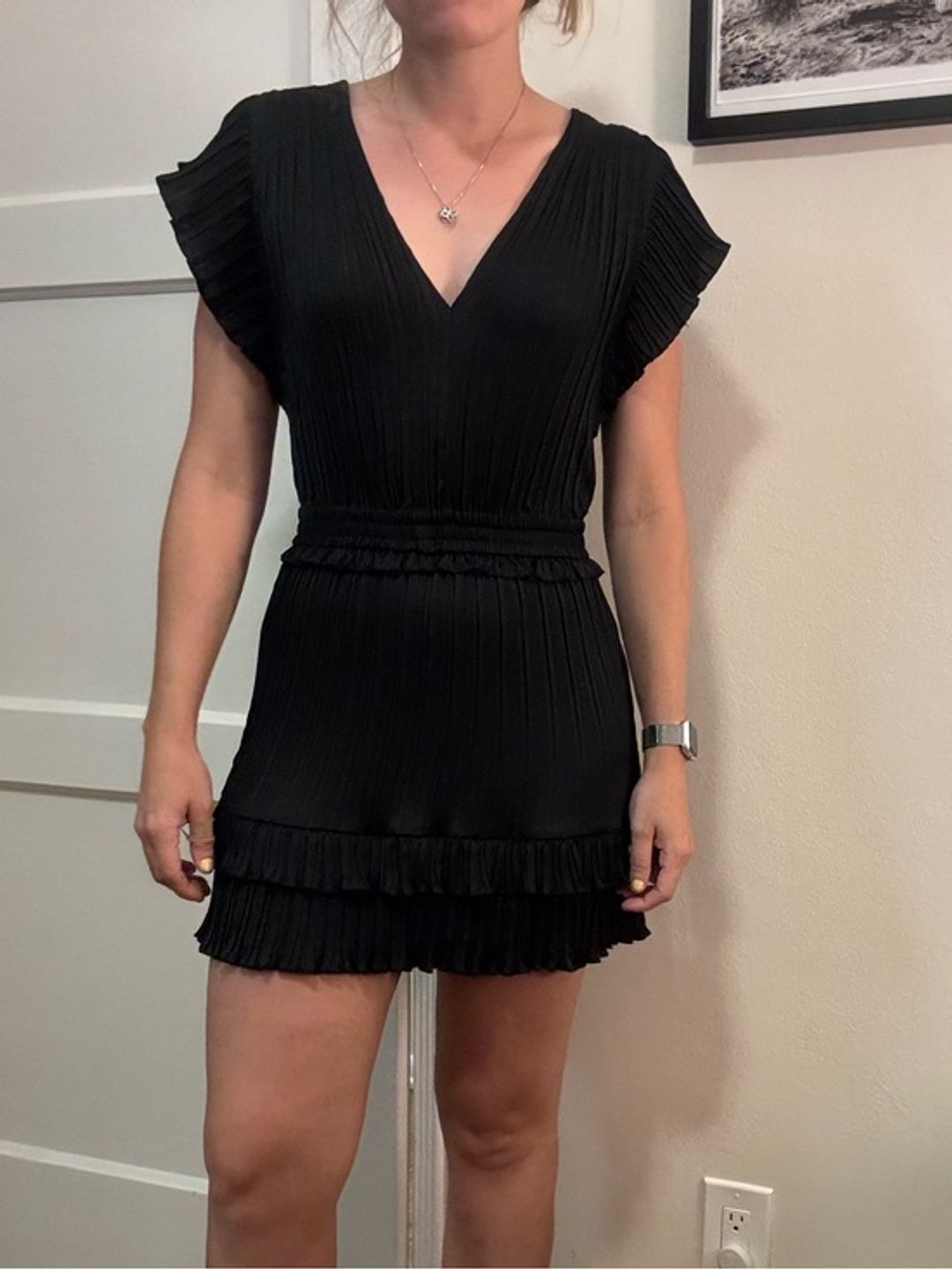 Rebecca Minkoff Cotton Linen Black Pleated Mini Dress