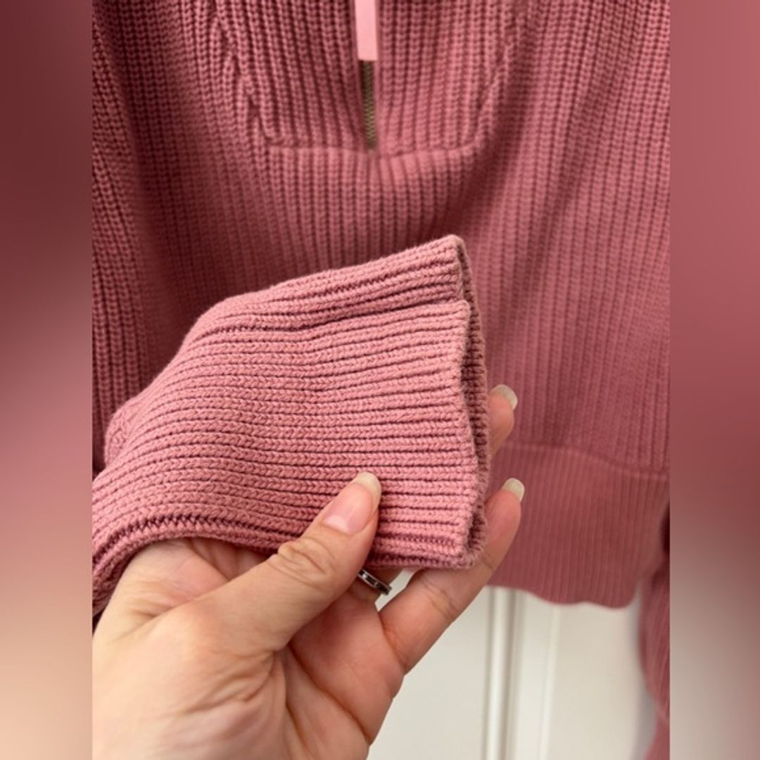 Varley Mentone Half Zip Rose Pink Ribbed V-Neck Sweater