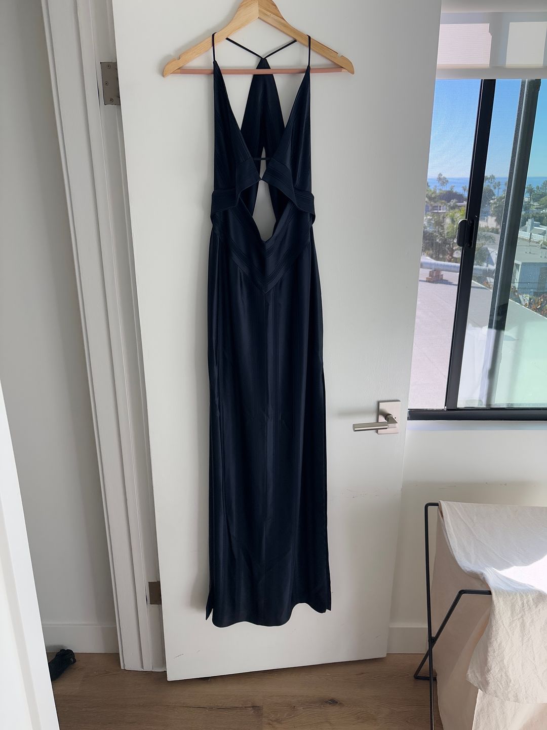 Prism-stripe satin maxi dress