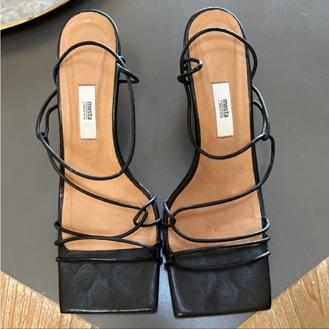 Miista London Black Leather Strappy Heels Sandals Square Toe