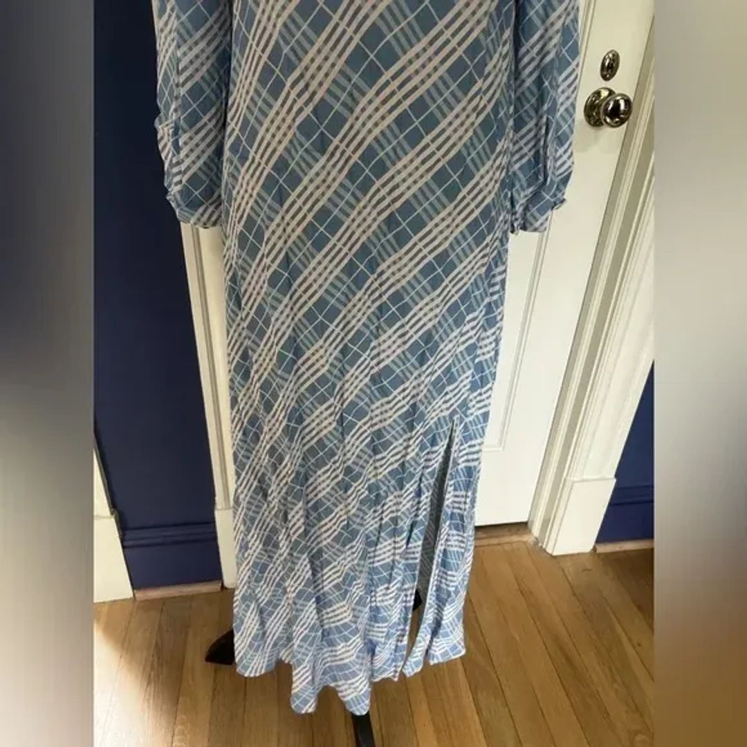 Rixo Blue White Striped Plaid Maxi Dress