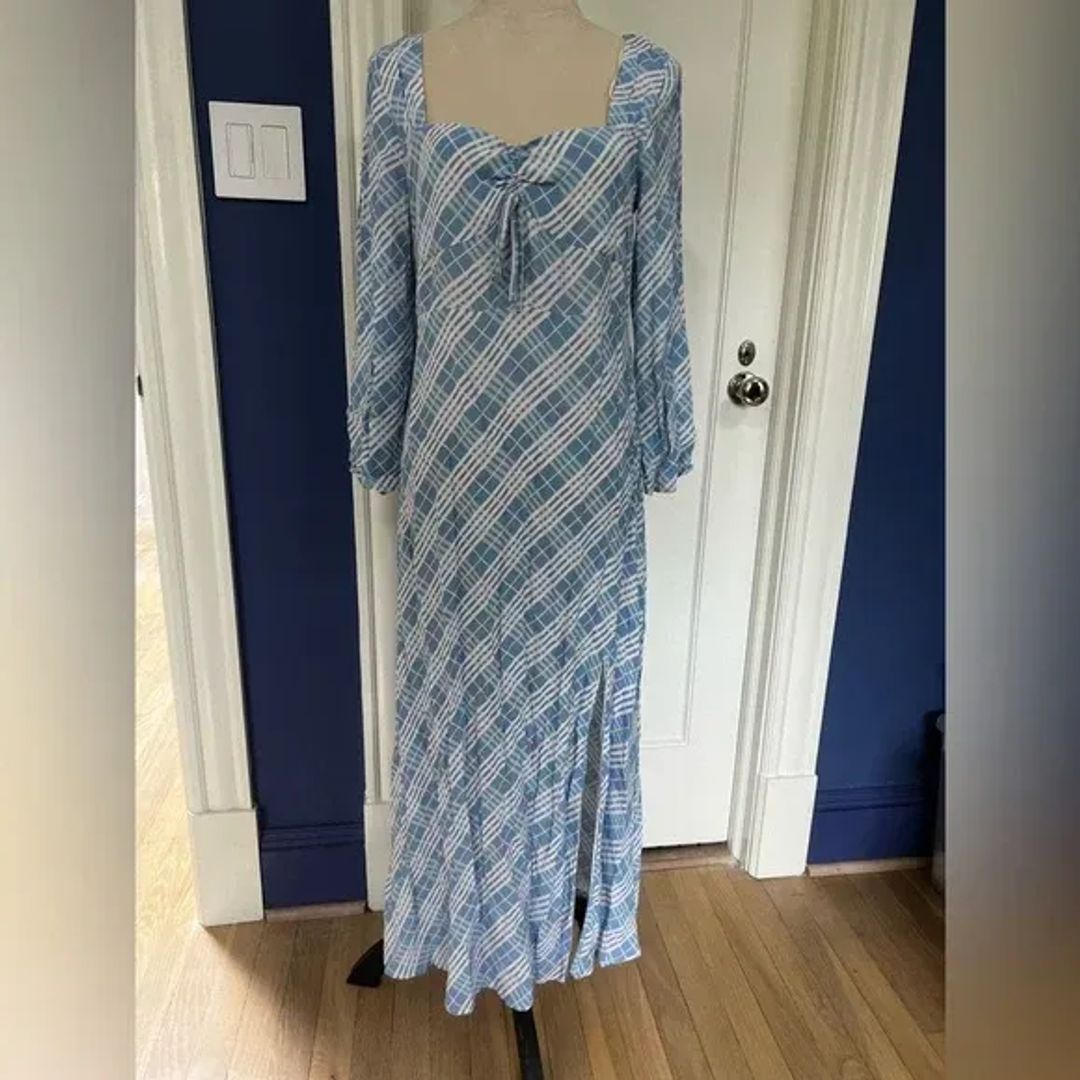 Rixo Blue White Striped Plaid Maxi Dress