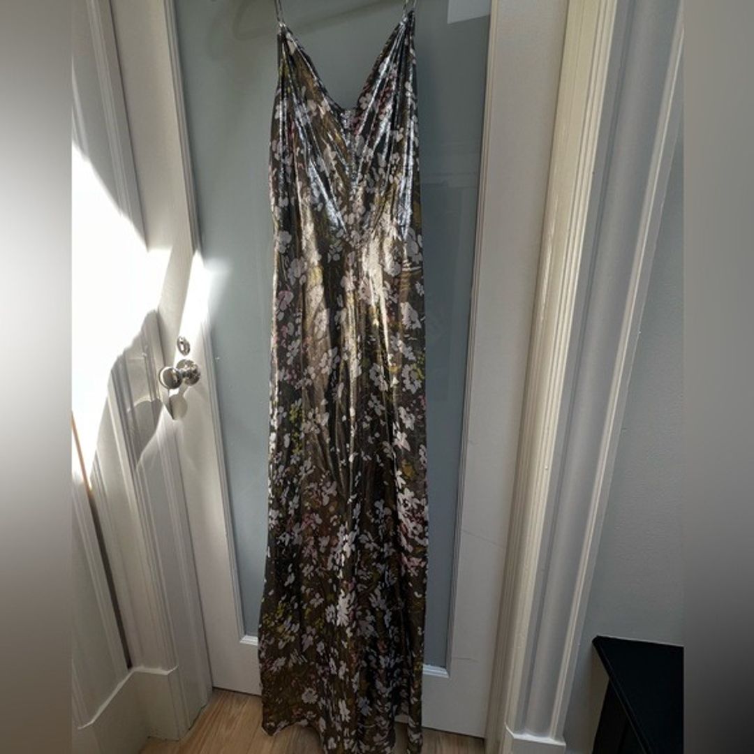 Ganni Silk & Lurex Metallic Floral Spaghetti Strap Maxi Dress