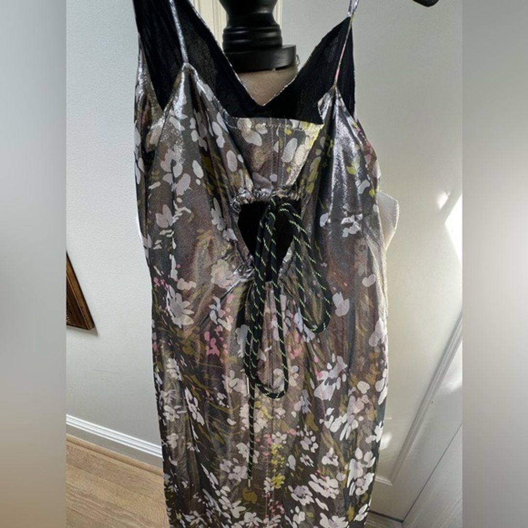 Ganni Silk & Lurex Metallic Floral Spaghetti Strap Maxi Dress