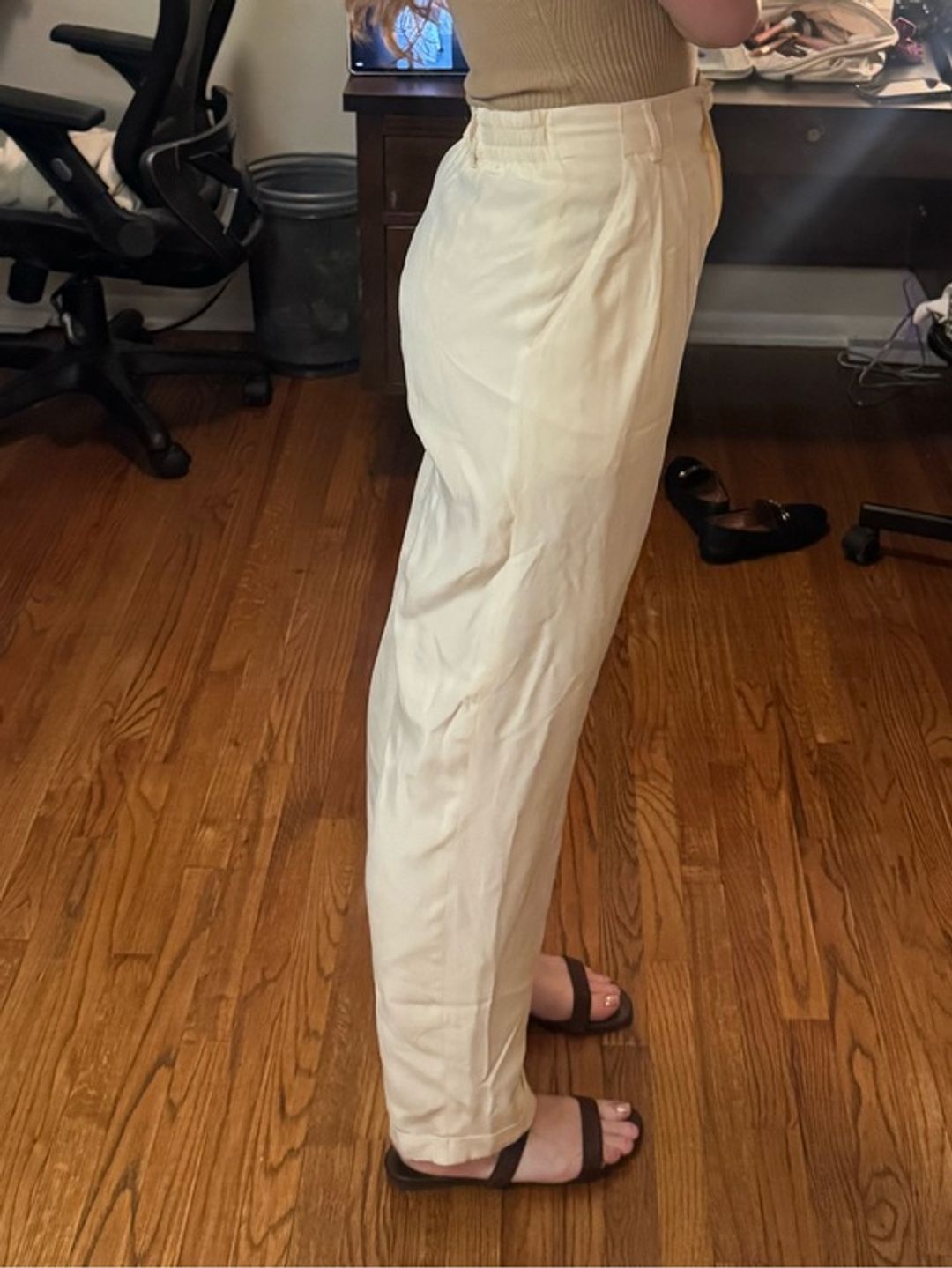 Vintage Silk Pleated Effortless High-Rise Cream Pants