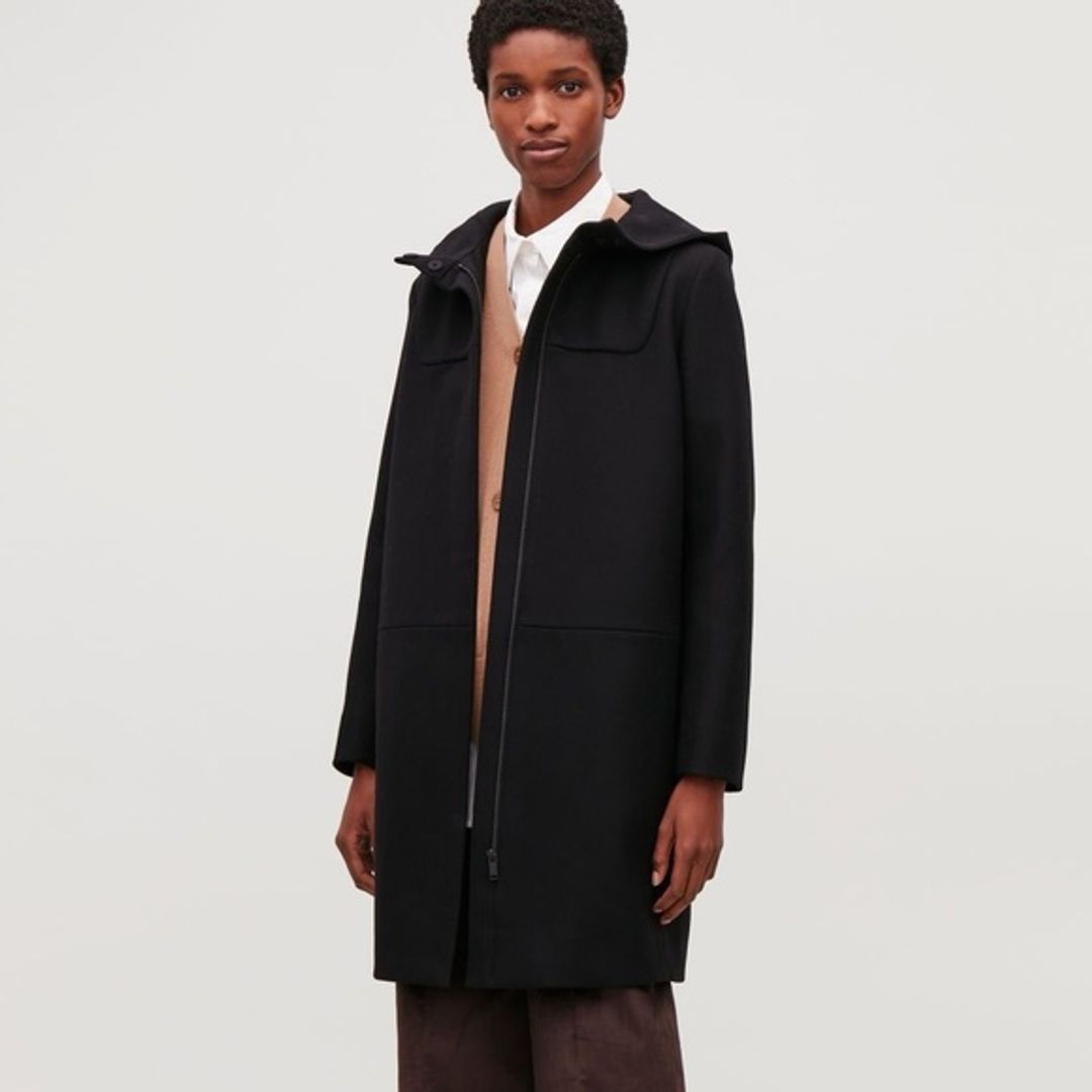 COS Black Hooded Wool Duffle Coat