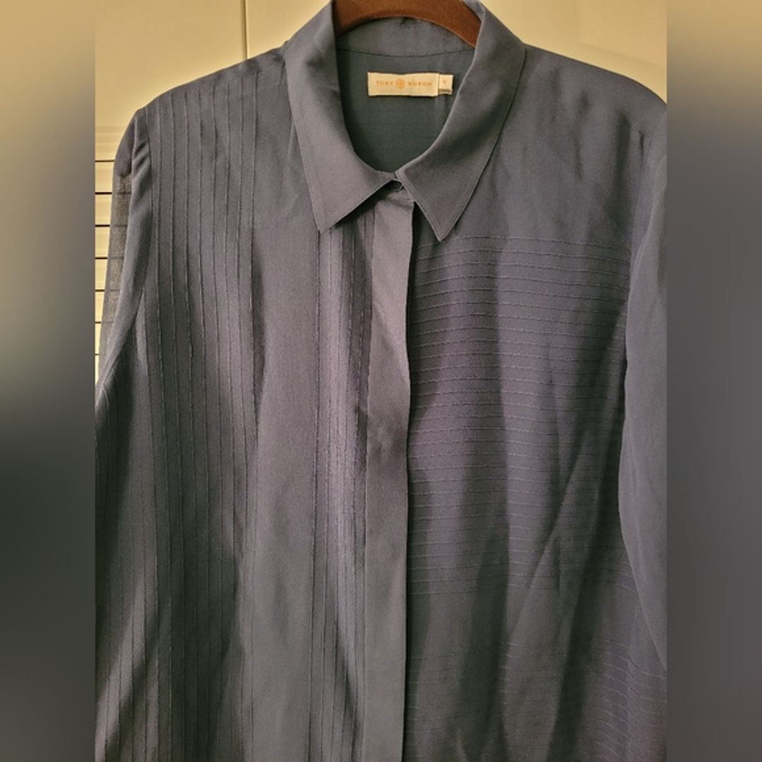 Tory Burch Navy Blue Silk Pintuck Buttondown Blouse