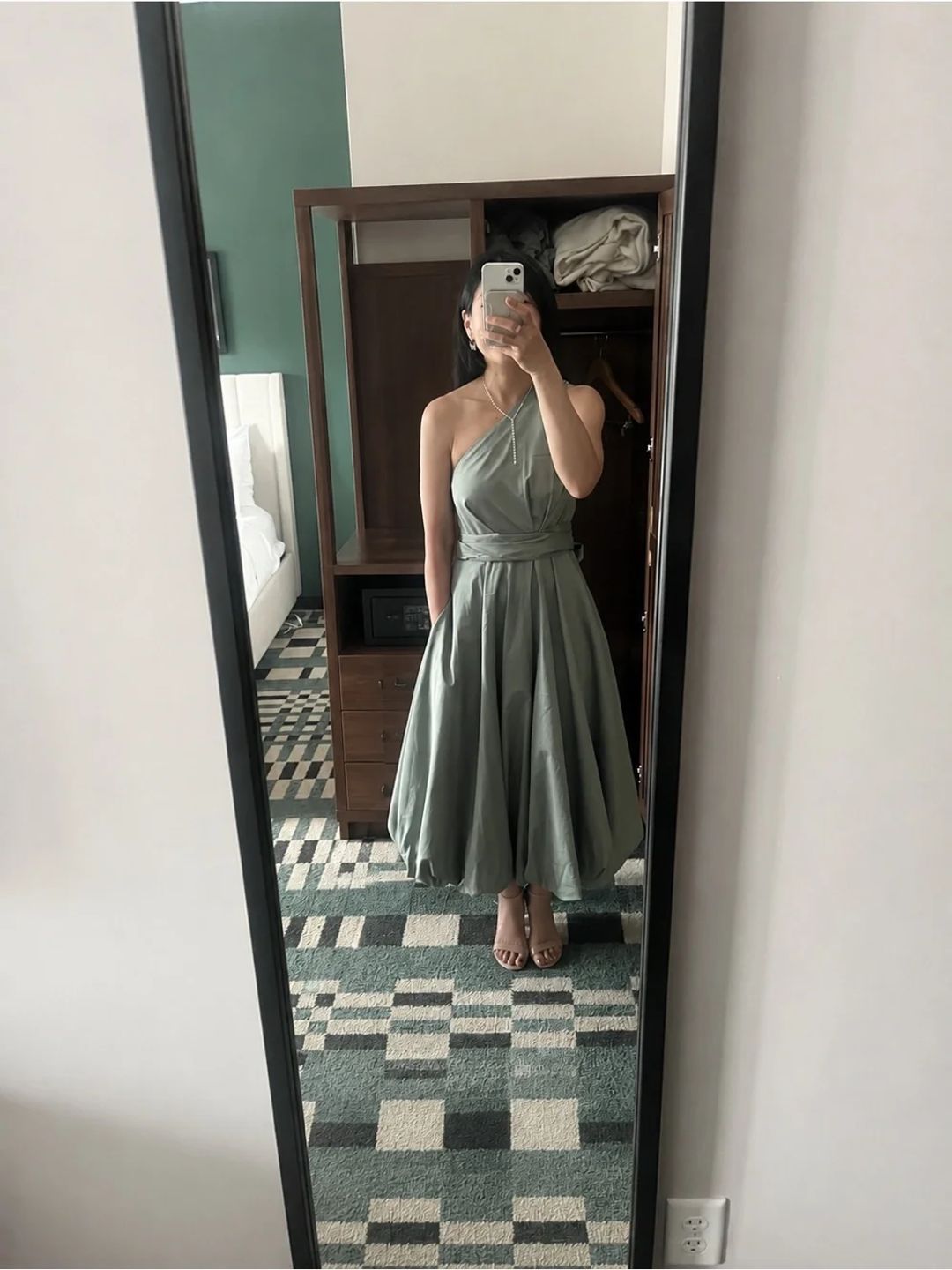 One-Shoulder Midi bubble dress in Sage