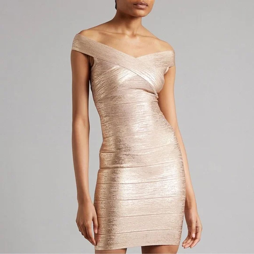 Herve Leger Foiled Crisscross Bandage Mini Dress