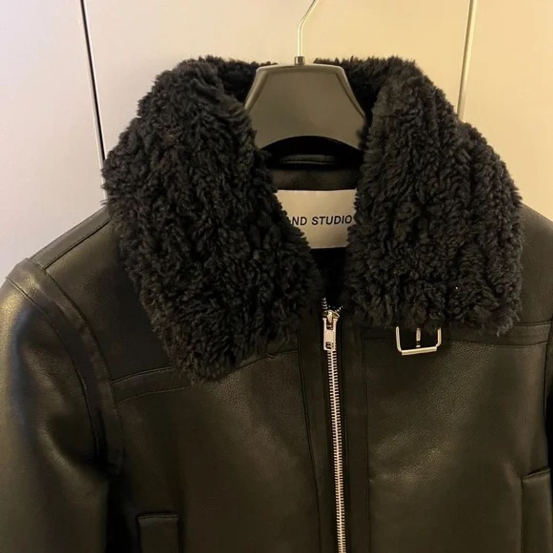 NWT Stand Studio Black Leather Sherpa Shearling Faux Fur Cropped Jacket