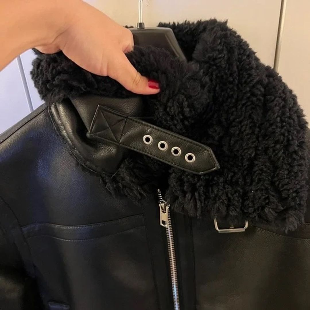 NWT Stand Studio Black Leather Sherpa Shearling Faux Fur Cropped Jacket