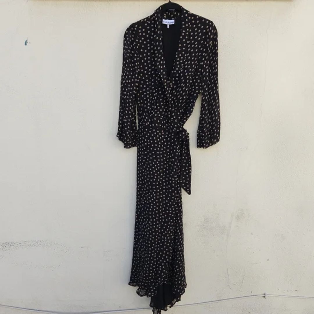 Polka-dot Georgette Maxi Wrap Dress In Black