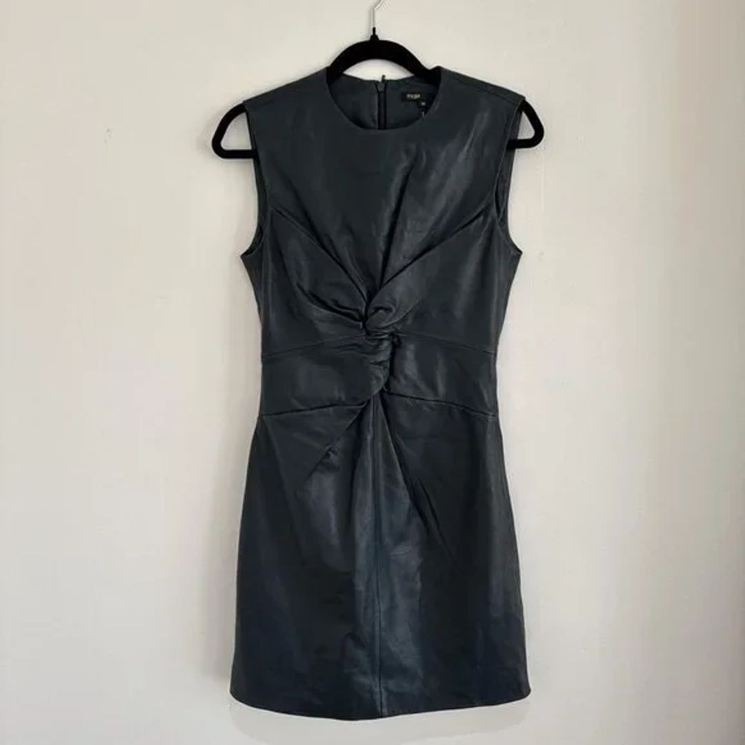 Twist-Front Leather Mini Dress in Dark Green