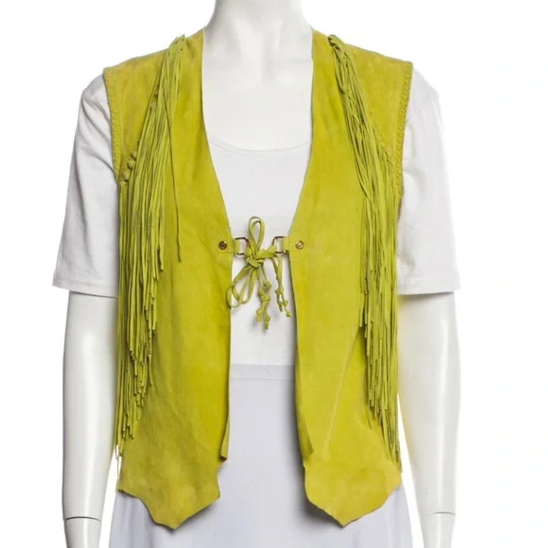 Roberto Cavalli Fringe Lime Green Suede Vest