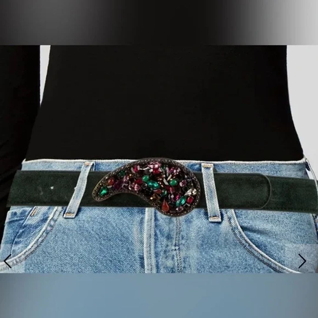 Etro Green Suede Belt with Colorful Crystal Buckle