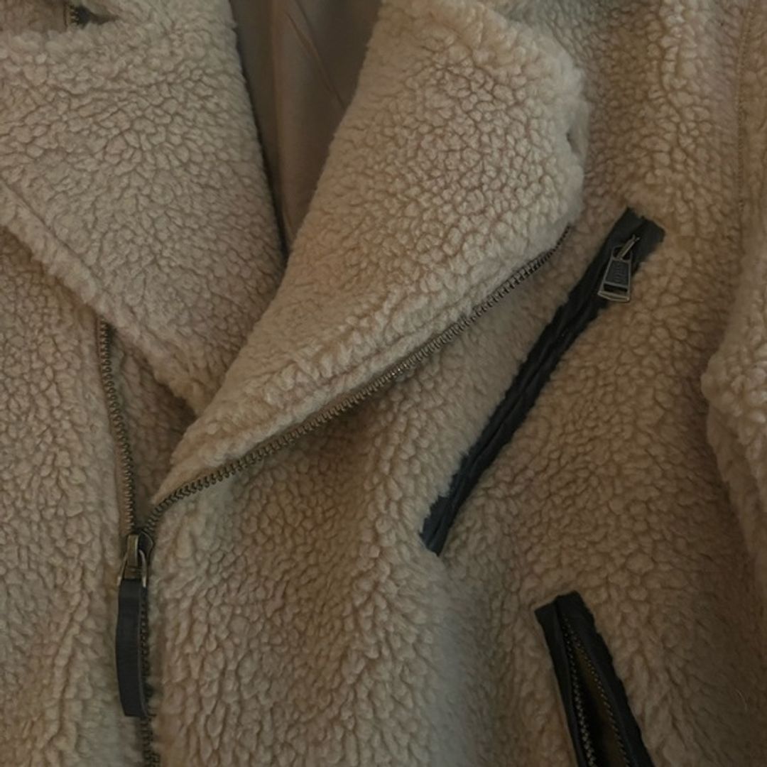 Polo Ralph Lauren Beige Sherpa Moto Jacket with Brown Trim