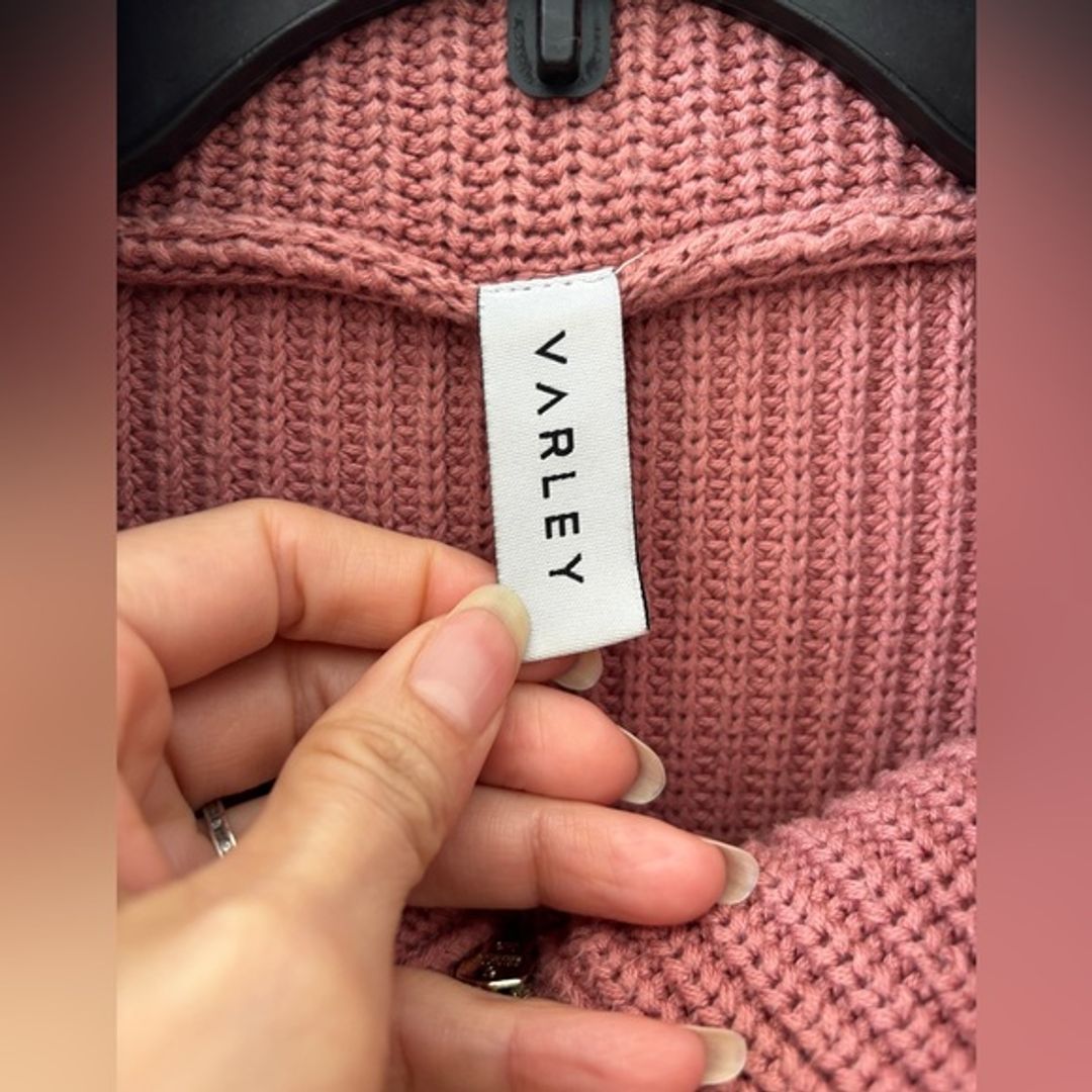 Varley Mentone Half Zip Rose Pink Ribbed V-Neck Sweater