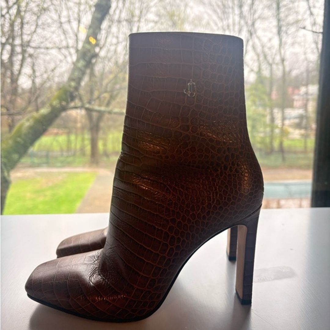 Jimmy Choo Camel Croc-Embossed High Heel Ankle Boots 12 US