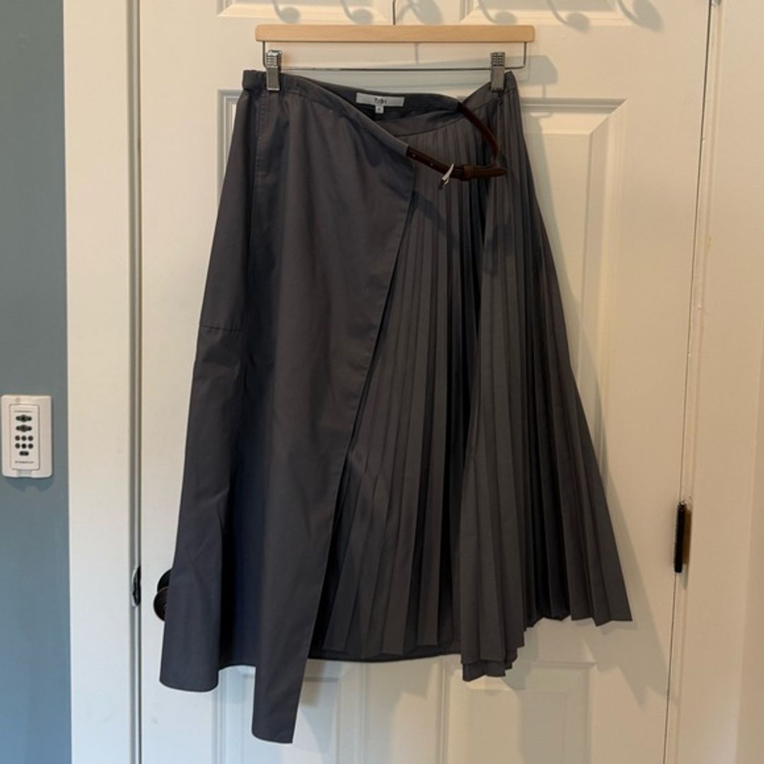 Tibi Gray Pleated Cotton Leather Wrap Skirt