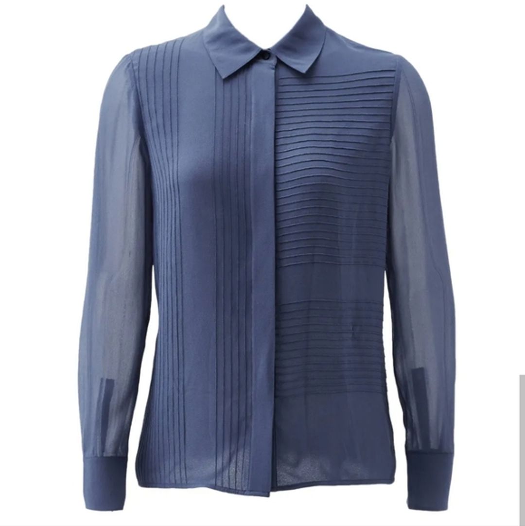 Tory Burch Navy Blue Silk Pintuck Buttondown Blouse