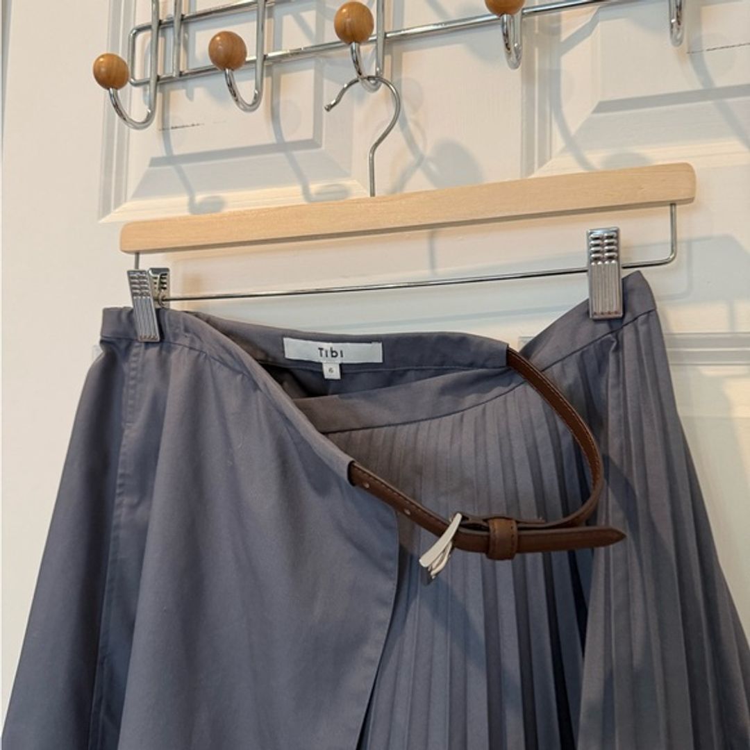 Tibi Gray Pleated Cotton Leather Wrap Skirt