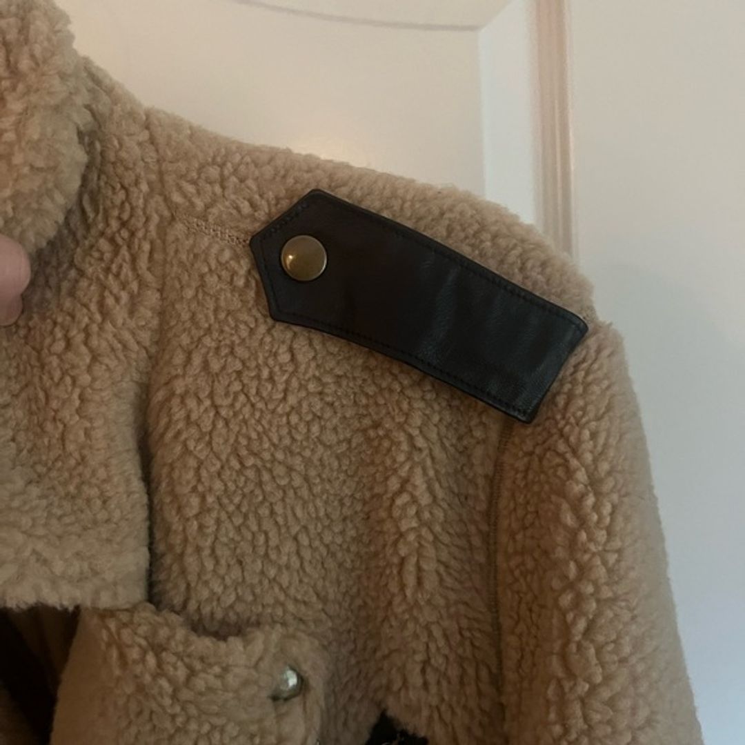 Polo Ralph Lauren Beige Sherpa Moto Jacket with Brown Trim
