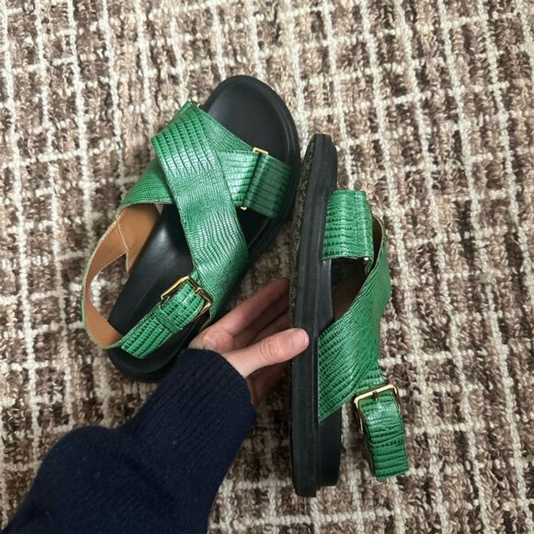 Marni Fussbett Slingback Sandals Women's Green Leather Flat Buckle Casual