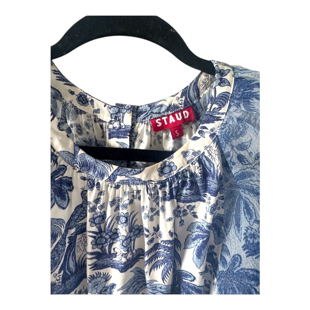 Staud Blue & White Organza Sleeve Shift Mini Dress