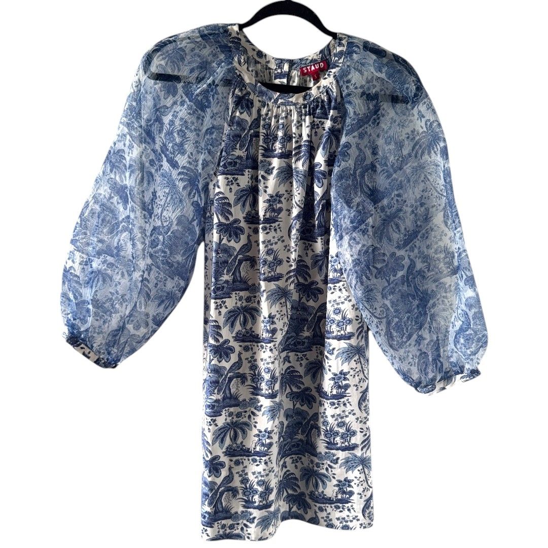 Staud Blue & White Organza Sleeve Shift Mini Dress