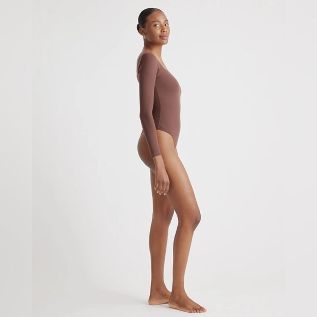 NWT Quince Brown Square-Neck Long-Sleeve Bodysuit