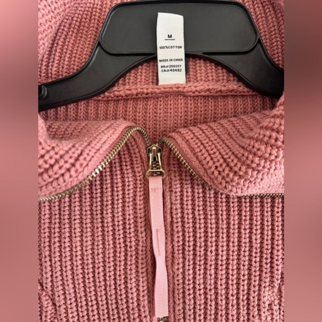 Varley Mentone Half Zip Rose Pink Ribbed V-Neck Sweater